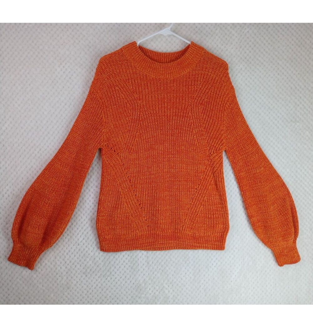 H&M Women's Medium Orange Knit Sweater Ribbed Mock Neck Balloon Sleeves